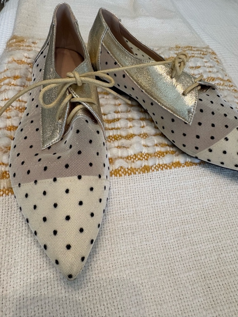 Metallic Gold & Polka Dot Lace-Up Flats